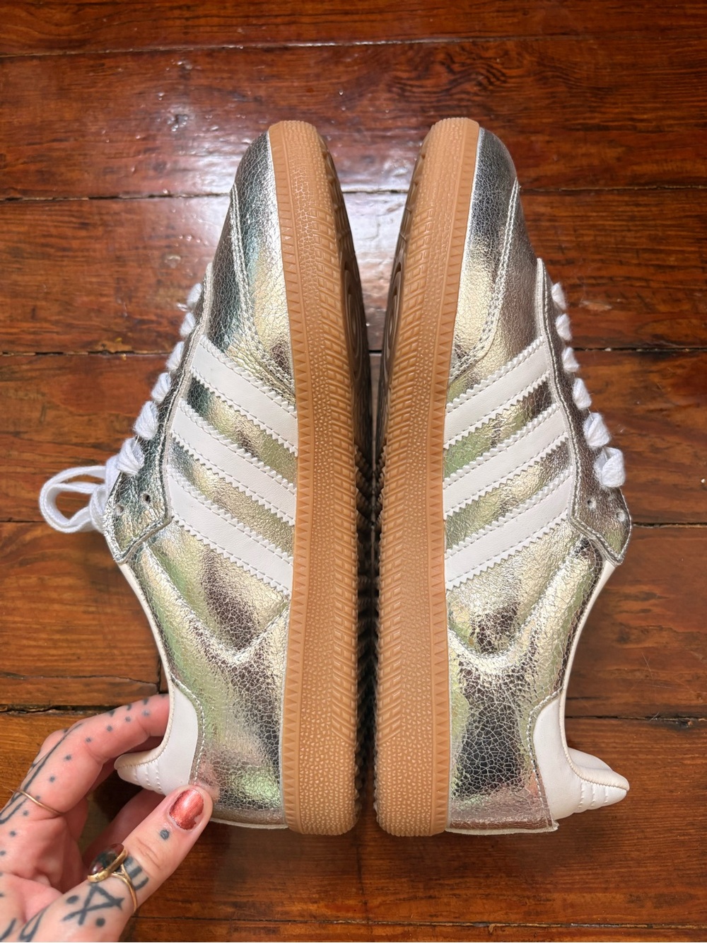 adidas Women’s Silver Metallic Samba Sneaker with White Stripes Size 8.5